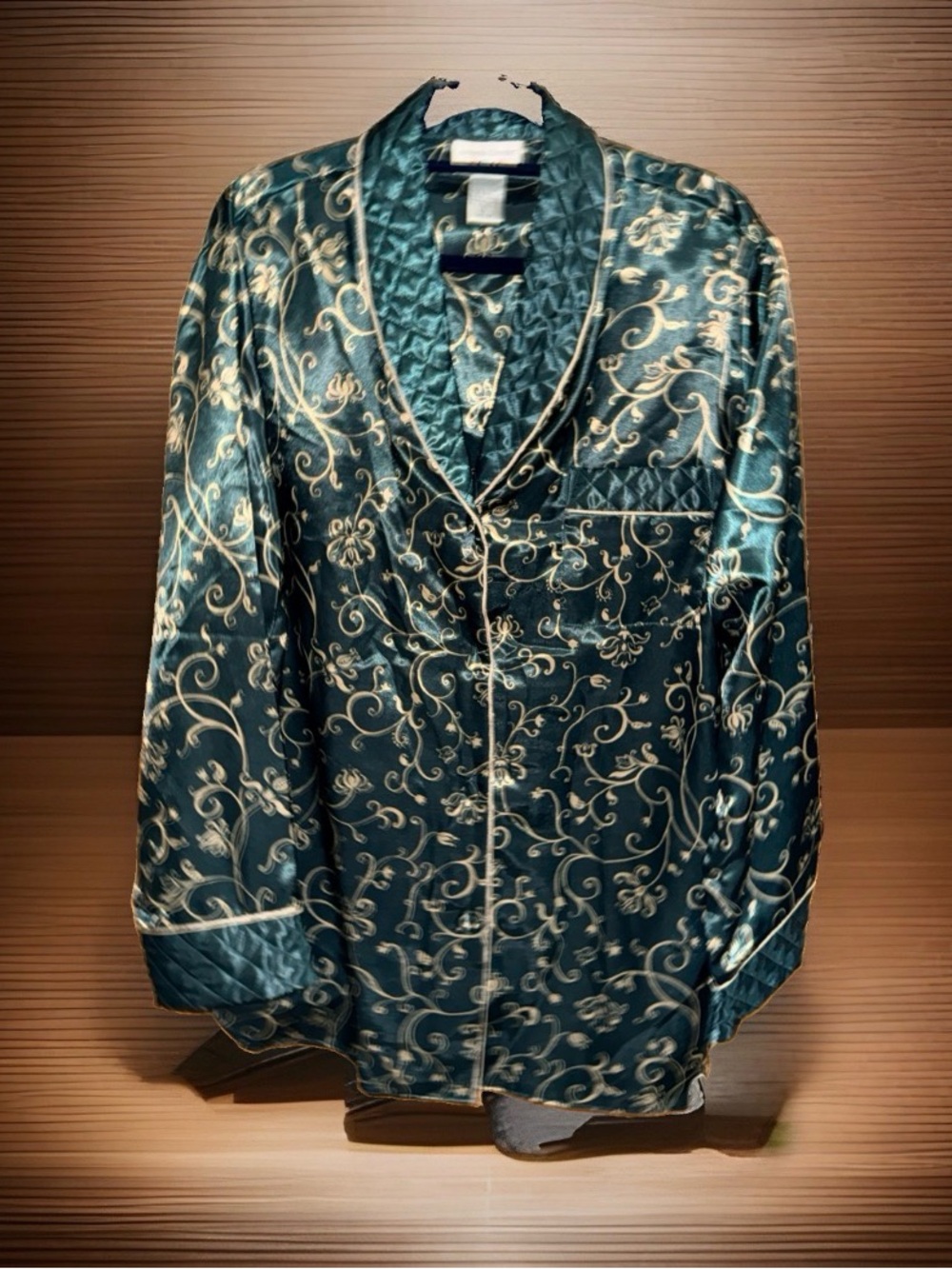 Vtg Amanda Stewart Int. Emerald Green Satin Floral-Print Button Down PJ TopL-EC